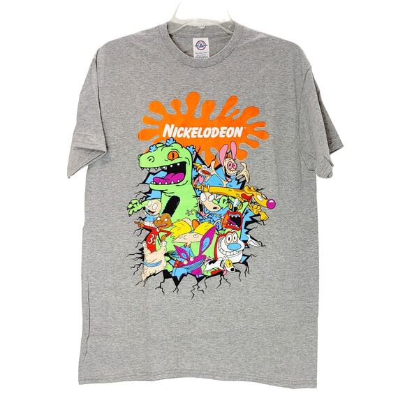 Nickelodeon Splatter 90s Characters T-Shirt Pullover Crew Neck Gray Mens M NWT - Picture 1 of 6